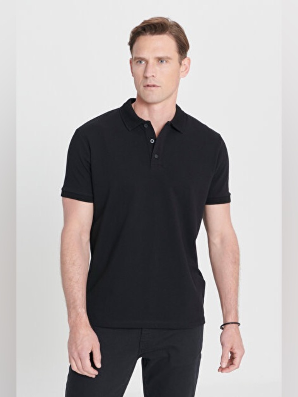 SELECTED HOMME Cotton Black Collared Shortsleeve Knit Polo Shirt